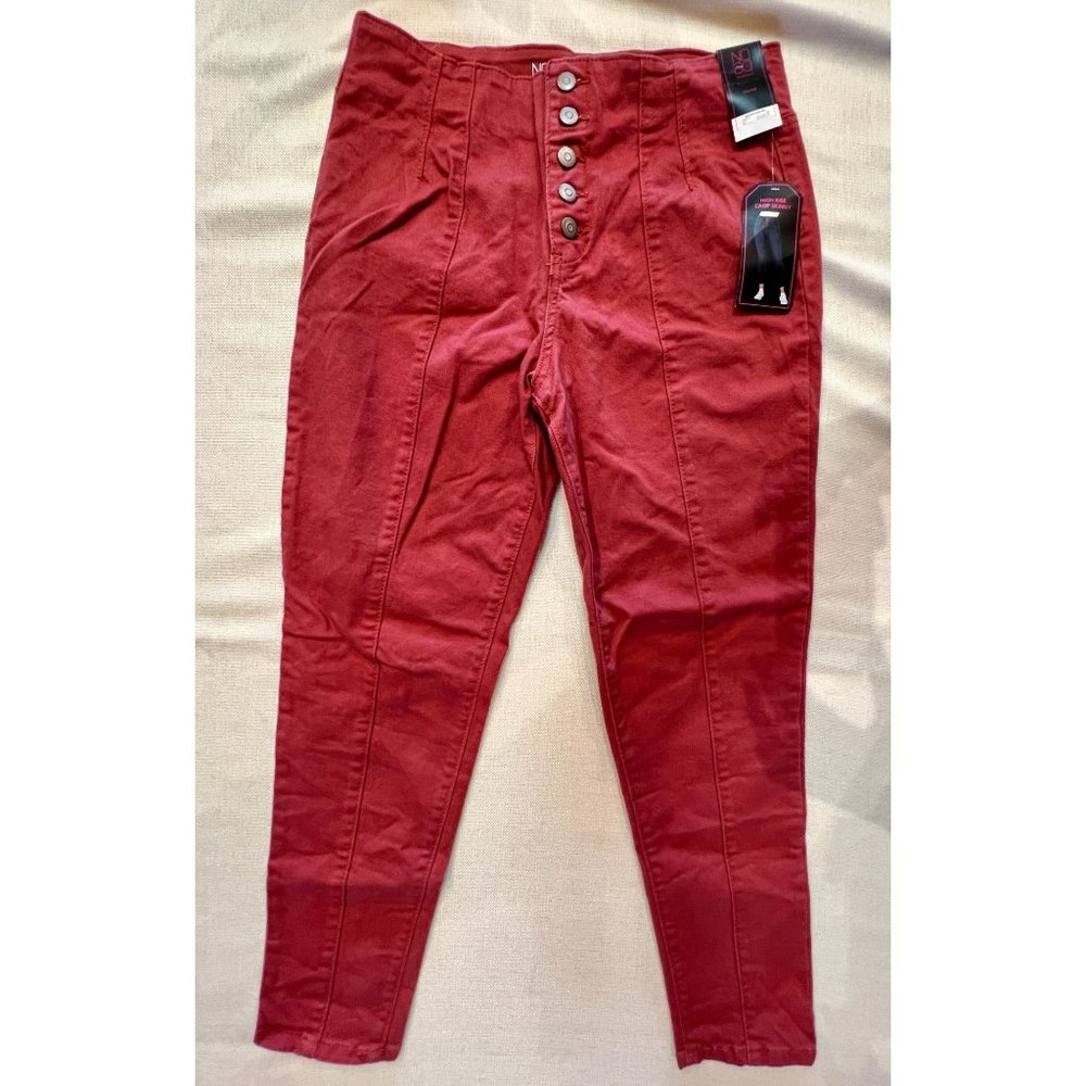No Boundaries High Rise Button Fly Front Seam Capri Jeans Skinny Red Pockets 13